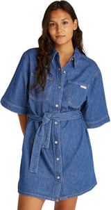 Calvin Klein Vestido Camisero Vaquero Mujer Linen Boxy Belted Denim, Azul (Denim Medium), M