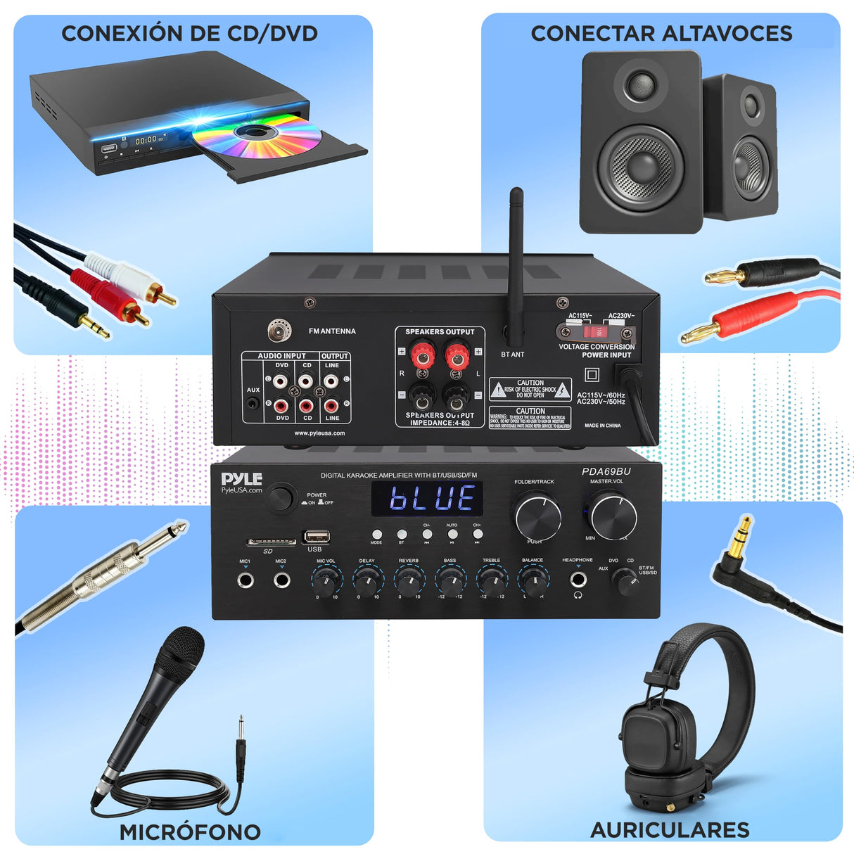 Pyle Amplificador de Audio, para el hogar, Estudio, 300W, Bluetooth, Estereo, 2 Canales, Sistema de Audio MP3, USB, SD, AUX, RCA, Microfono, Audiofonos, FM, LED