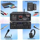 Pyle Amplificador de Audio, para el hogar, Estudio, 300W, Bluetooth, Estereo, 2 Canales, Sistema de Audio MP3, USB, SD, AUX, RCA, Microfono, Audiofonos, FM, LED