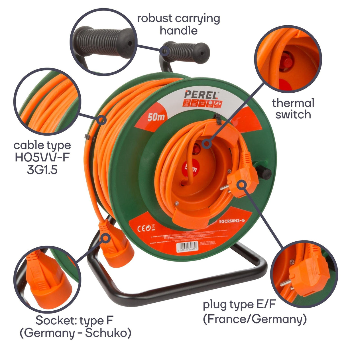 Perel Extensión electrónica sobre enrollamiento, uso interior, tierra alemana, protección térmica, 50 m, 3g1.5, naranja/verde