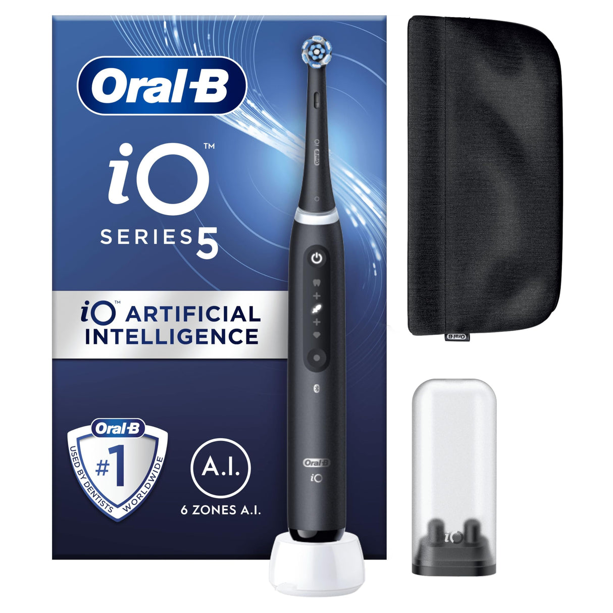 Oral-B iO 5 Cepillo De Dientes Eléctrico Negro Con 1 Cabezal, 1 Funda Magnética y 1 Soporte de Recambios, 5 Modos De Cepillado, Sensor De Presión y Temporizador, Diseñado Por Braun