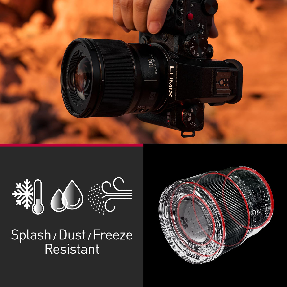 Panasonic Lumix S-E100 Lente Macro F2.8 100 mm, Lente de Fotograma Completo, Diseño Compacto y Liviano, 298 g, Motor Lineal de Doble Fase, Aumento de Tamaño Real 1:1, Ideal para Video, Negro
