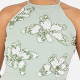 Maya Deluxe Women's Maxi Dress Ladies Sleeveless Halterneck Floral Sequin Embellished A-Line for Wedding Guest Evening Ball Gown Vestido, Green Lily, 38 para Mujer