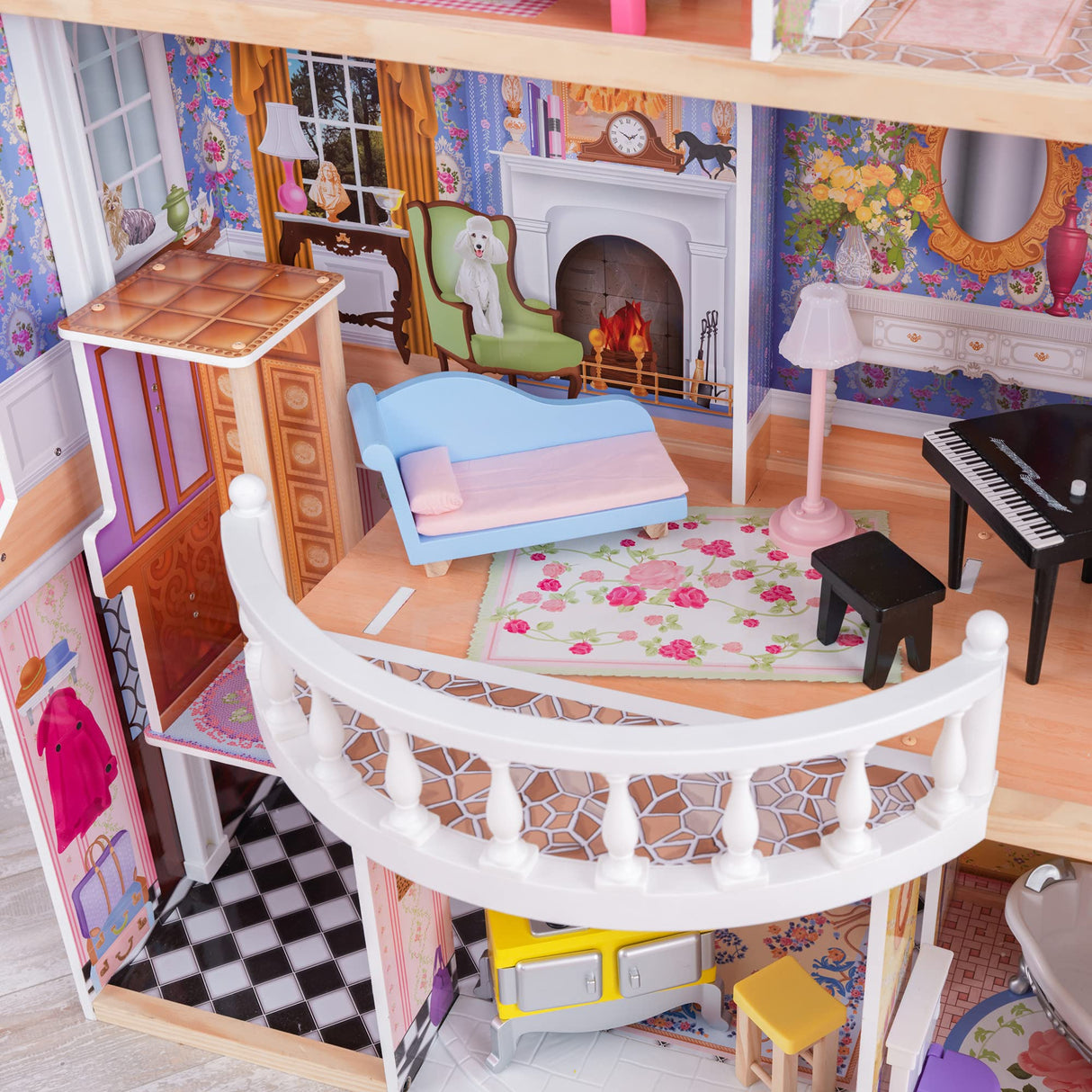 KidKraft Casa de muñecas de Madera Magnolia Mansion para muñecas con Muebles y Accesorios incluidos, Casita de Juguete con Ascensor y balcón, 3 Niveles de Juego, Juguetes niños y niñas 3 años (65907)