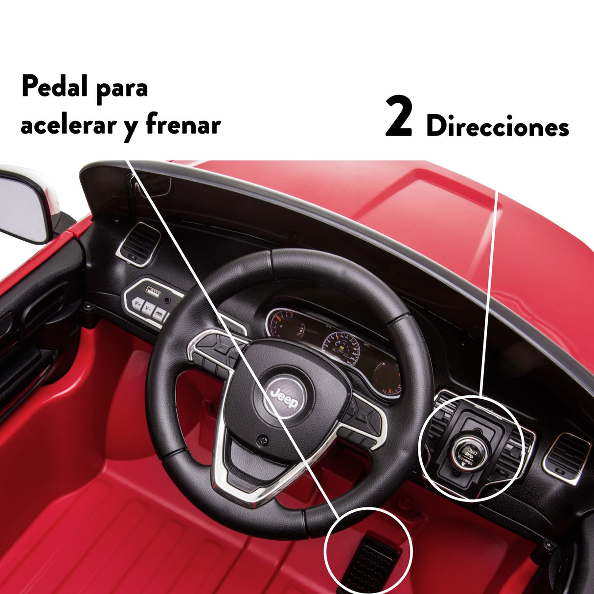 FEBER Jeep Cherokee Rojo 12V, Coche eléctrico, 1 Plaza, radiocontrol: Faros con luz, 2 Marchas, Acelerador y Freno eléctrico, de 3 a 8 años, Famosa (800013450)