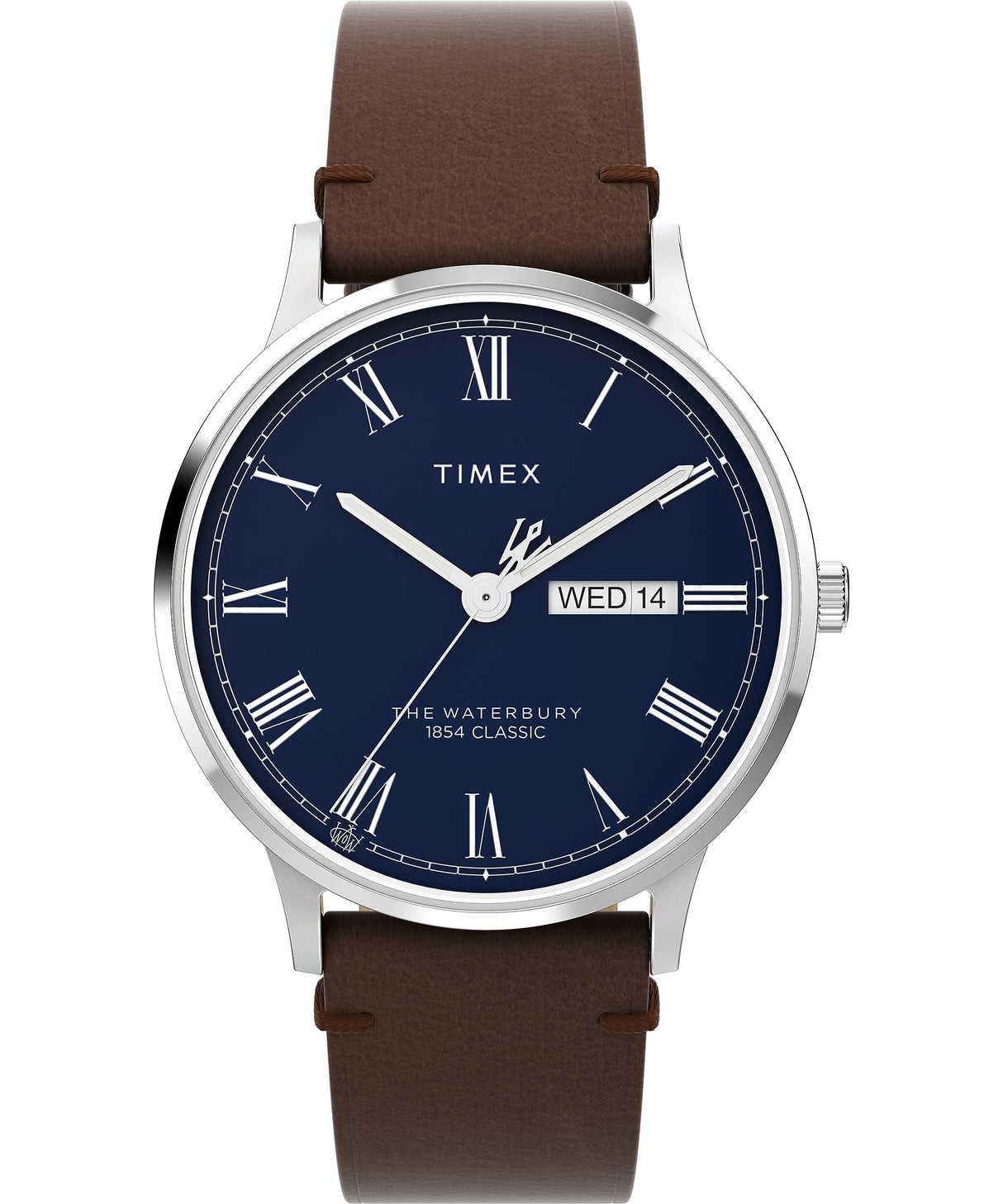 Timex Waterbury - Reloj de 40 mm para hombre, correa de liberación rápida de dos piezas de piel marrón, esfera azul, caja de acero inoxidable TW2W14900