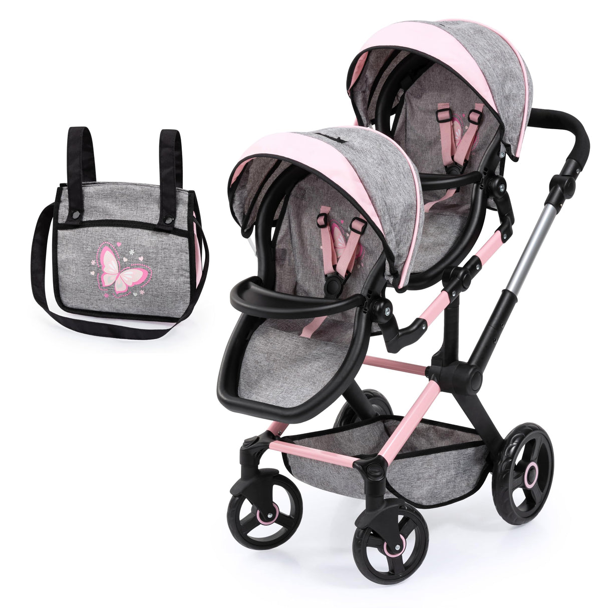 Bayer Design 26733AA Twin Xeo Cochecito de muñeca gemelas, Carrito Doble para muñecos, Altura Regulable, Ruedas Delanteras móviles, Bolsa