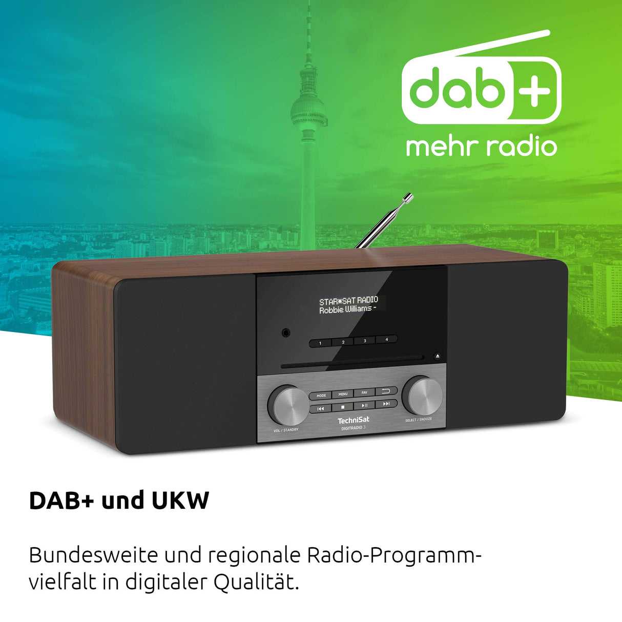 TechniSat DIGITRADIO 3 - Sistema Compacto de Radio Estéreo Dab (Dab+, FM, Reproductor de CD, Bluetooth, USB, Conexión para Auriculares, Entrada AUX, Radio Reloj Despertador, Pantalla OLED) Nogal