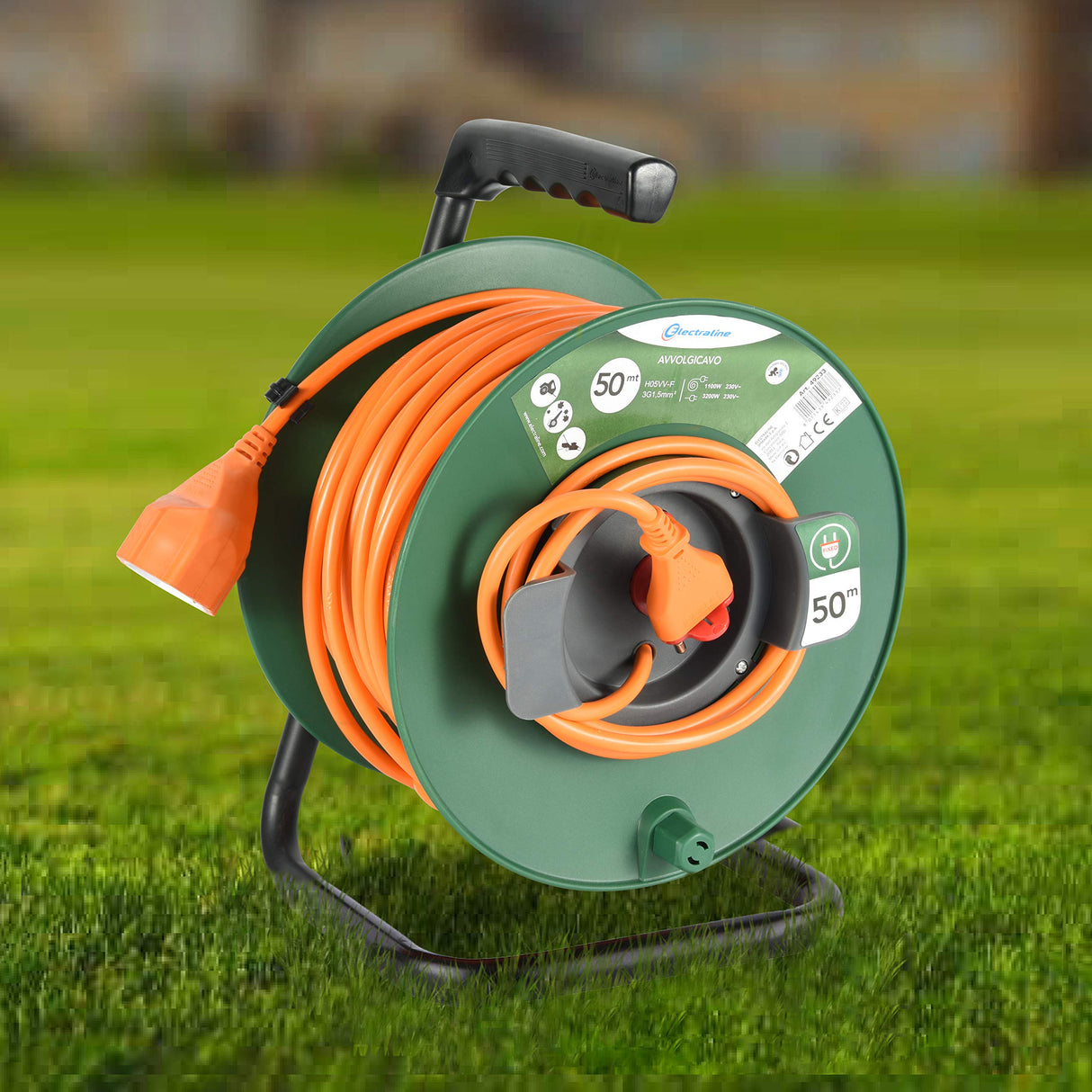 Electraline 49233 - Carrete De Cable Jardín, Longitud 50 M, Socket Universal Sección Cable 3X15 Mm, Naranja/Verde
