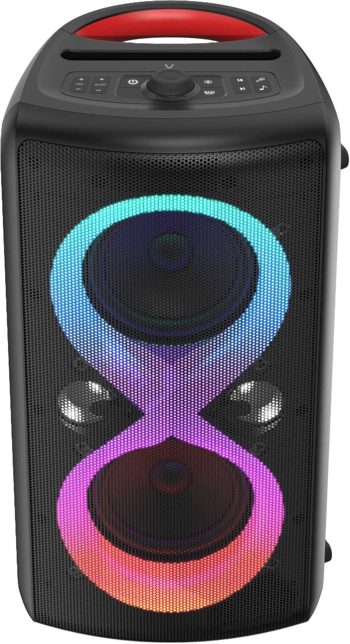 Majestic Fire 90 - Altavoz inalámbrico Audio 5.3, Luces LED 7 Efectos, entradas USB/Micro SD/AUX/Mic/Guitarra, Salida Monitor, Función Karaoke, Batería Recargable, Asa de Transporte