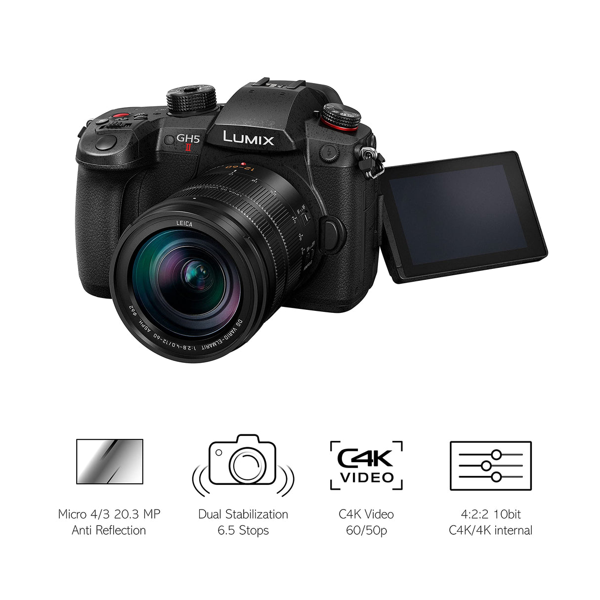 Panasonic Lumix DC-GH5M2LE - Cámara EVIL con objetivo LEICA 12-60 mm/F4 (20MP, 4K, doble estabilización, protección contra frío, polvo y dalpicaduras de agua), color negro