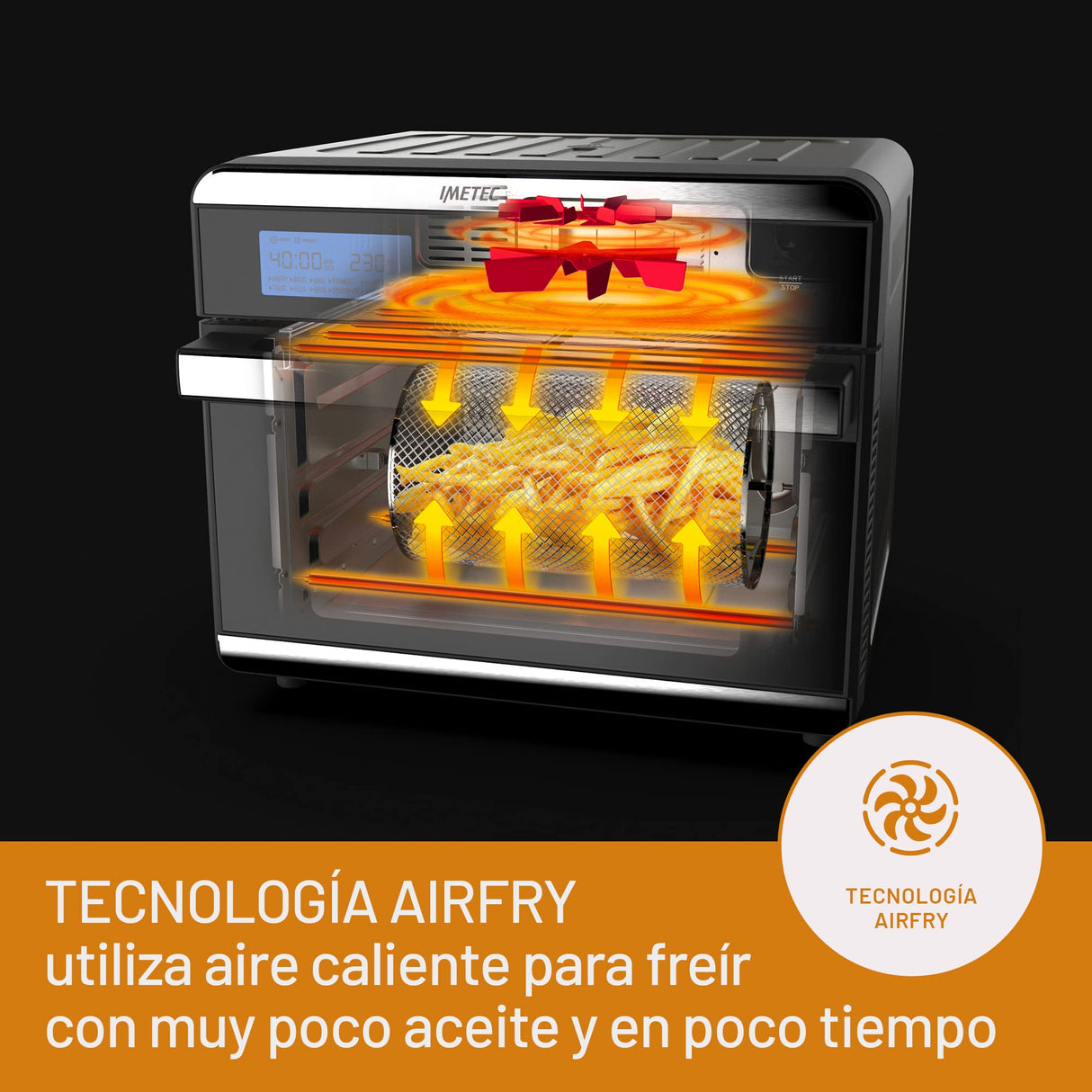 IMETEC FriggiLeggero - Freidora de aire multifunción, sabor con poco aceite, 12 programas, calentamiento rápido, 18 L, 1550 W, controles digitales, cesta, grill, cacerola, recetario