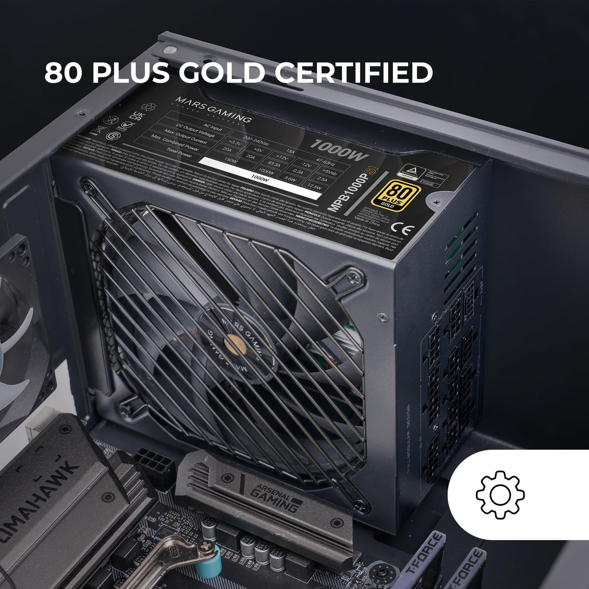 Mars Gaming MPB1000PSI, Fuente Alimentación Full Modular ATX 1000W, 10 Años Seguridad, 80Plus Gold 90%, Ventilador SI 14cm, Tecnología AI2-RPM, DC-DC y SMD, ATX 3.1 y PCIe 5.1, Conector 12V 2x6, Negro
