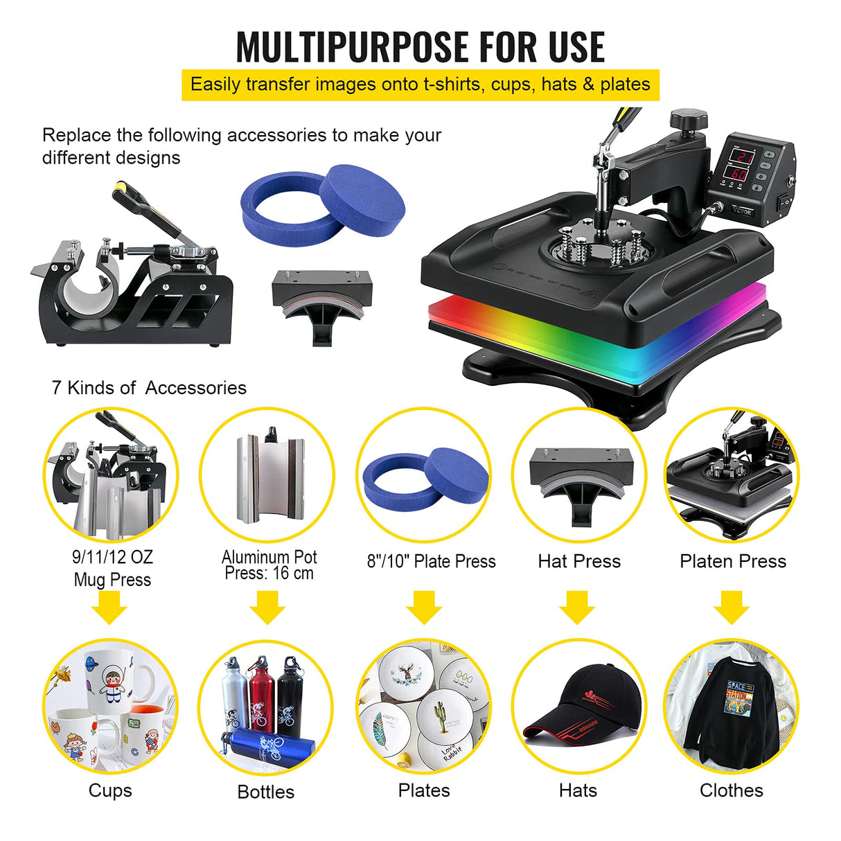 VEVOR Prensa de Calor 8 en 1 Placa 38 x 38 cm Máquina de Prensa de Calor Negra 1000 W Giratoria de 360 Grados Pantalla Digital Prensa de Transferencia para Camiseta Taza Sombrero Tapa