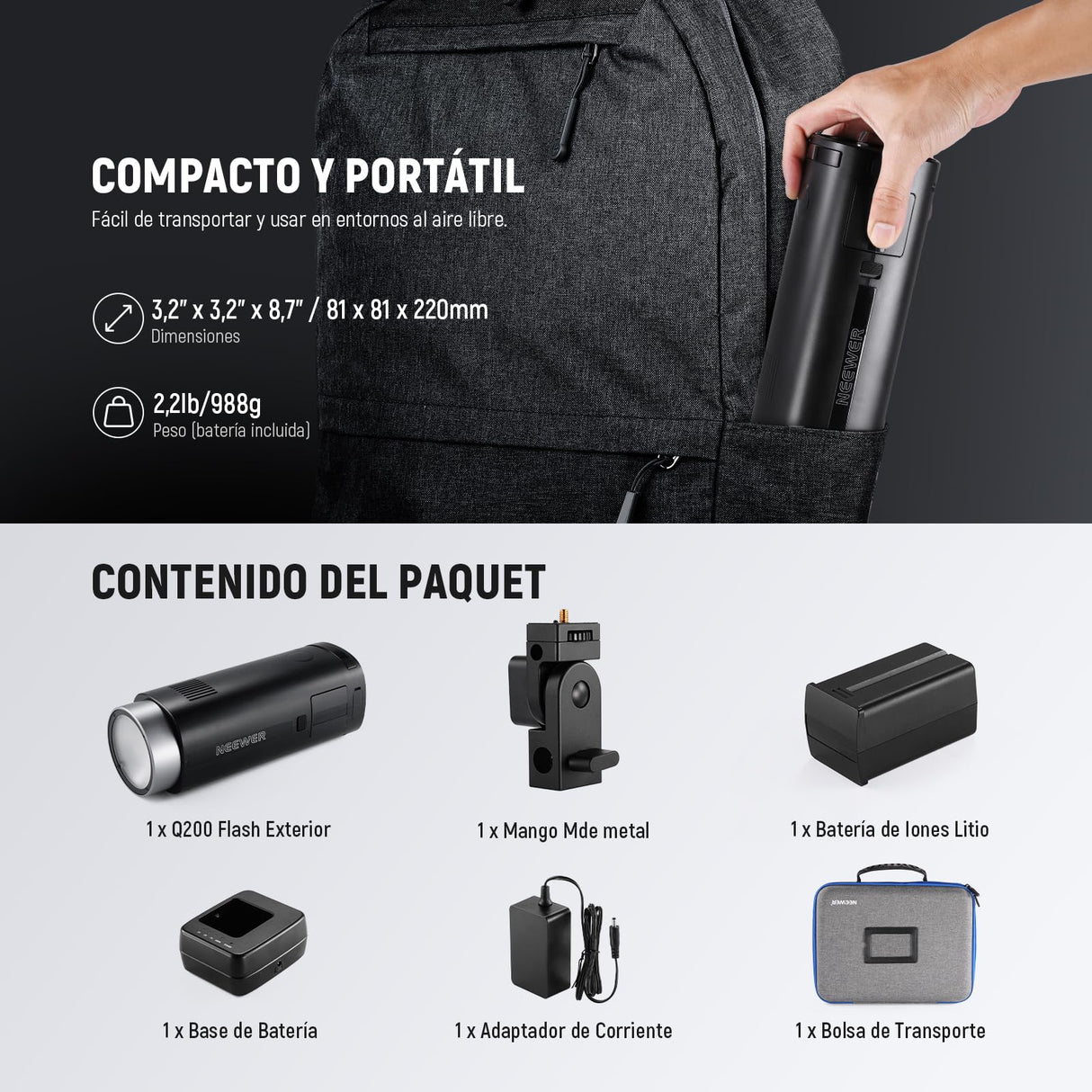 NEEWER Q200 200Ws 2.4G TTL Flash Strobe Estudio para Exteriores con APP Control, 1/8000 HSS, 3200mAh Fotografía con Batería Monolight Speedlite Lámpara Modelar 10W/Flash 750/Reciclaje de 0.01~1.5s