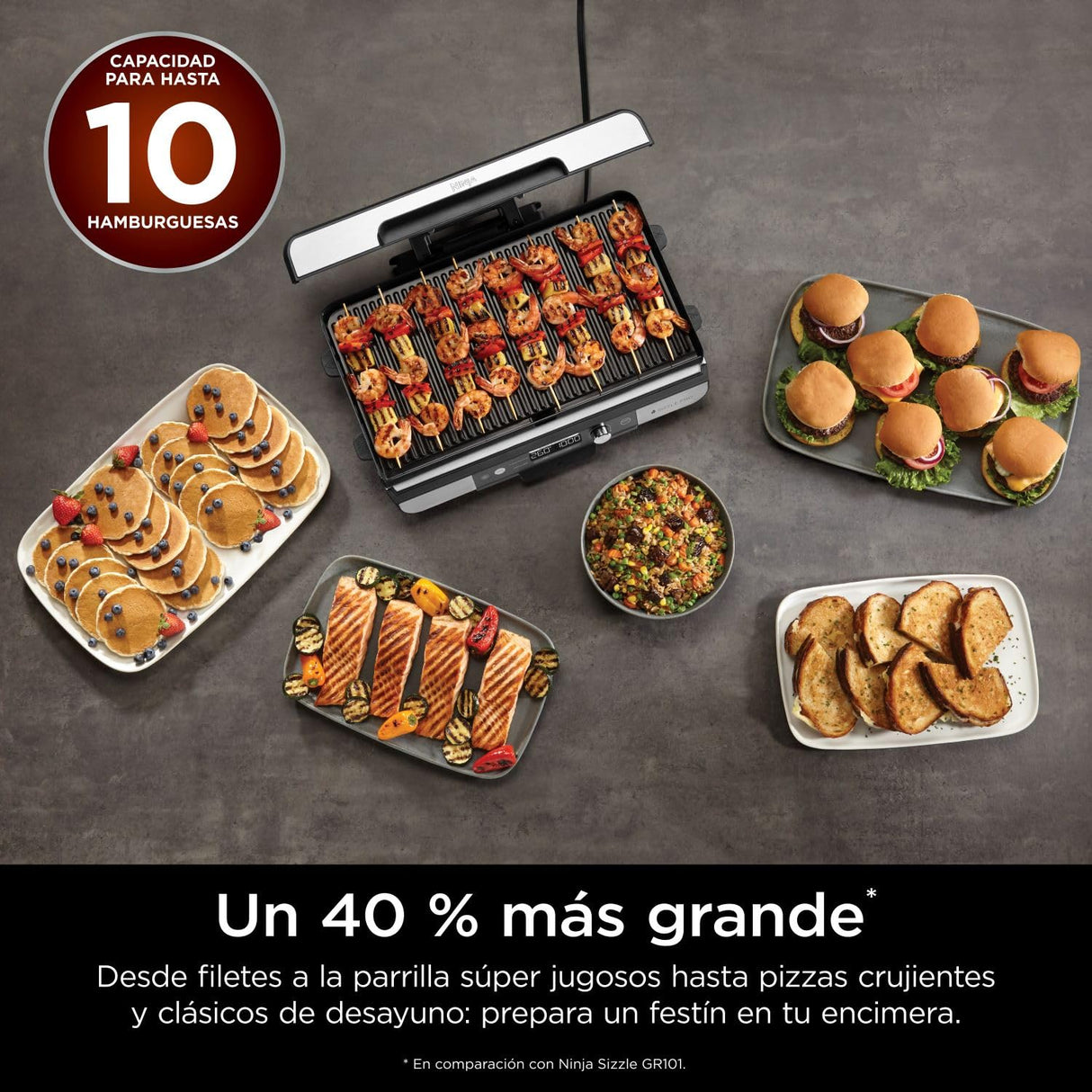 Ninja Sizzle Pro XL Parrilla y plancha para interior, con placa de parrilla y plancha cerámicas antiadherentes, tapa desmontable, recogegrasas y guía de recetas, color plateado/negro GX101EU