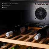 Corberó - Vinoteca CFKWC91SWDZ | 200L | 91 Botellas | Estático Con Ventilador | Doble Zona | Nevera para vino con Luz LED | 4 Estantes de Madera | 45Db | Negro Puerta Cristal