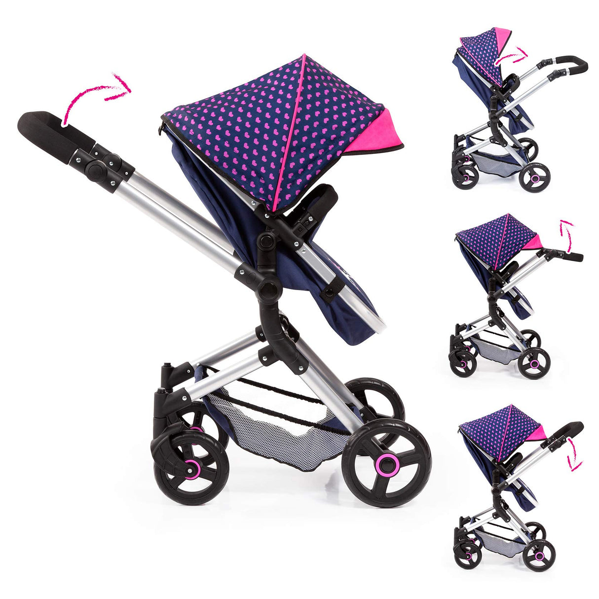 Bayer Design 18454AA Cochecito para muñecas Neo Vario con bolso cambiador y cesta de la compra, convertible en coche deportivo, altura ajustable, moderno, azul con patrón de unicornio y corazón