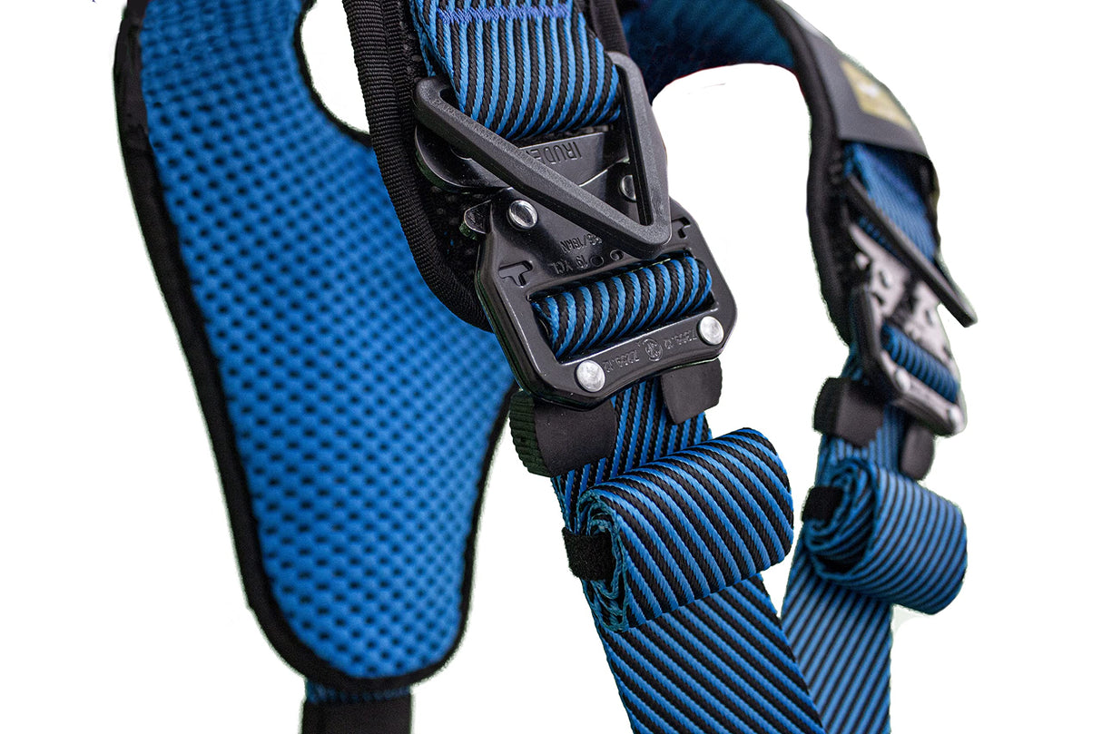 Irudek WIND BLUE 3 L-XXL – Arnés anticaídas con anclaje ventral de aluminio, cinturón IRUPAD Holetech, hebillas automáticas K-EASY, sistema ANTISLIP, portaganchos y chip NFC Ready