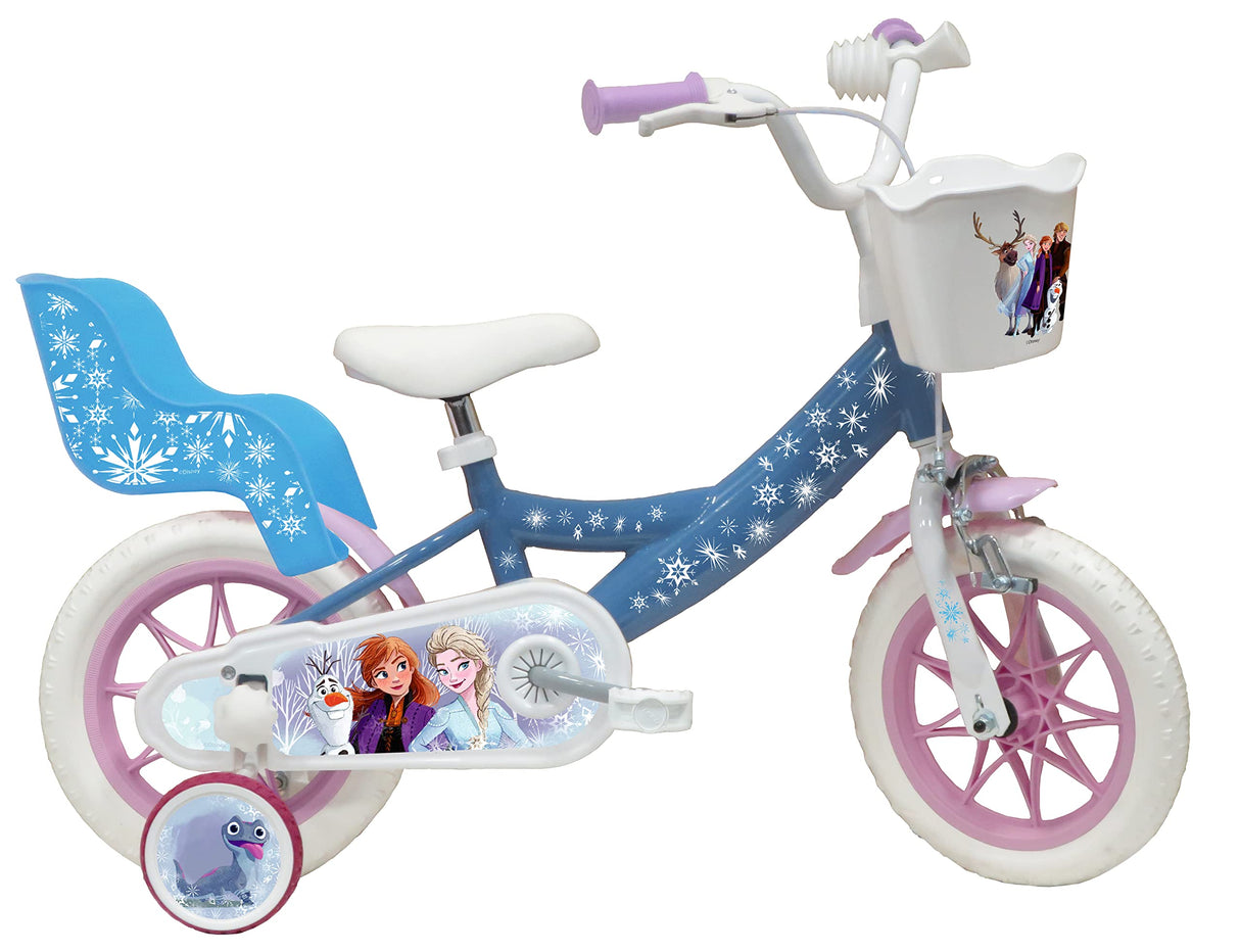 Vélo ATLAS Bicicleta de 12 Pulgadas para niña, diseño de Frozen, con 1 Freno, Cesta Delantera, portamuñecas traseras, Guardabarros, cárter y estabilizadores, Niñas, Azul Celeste, 12''