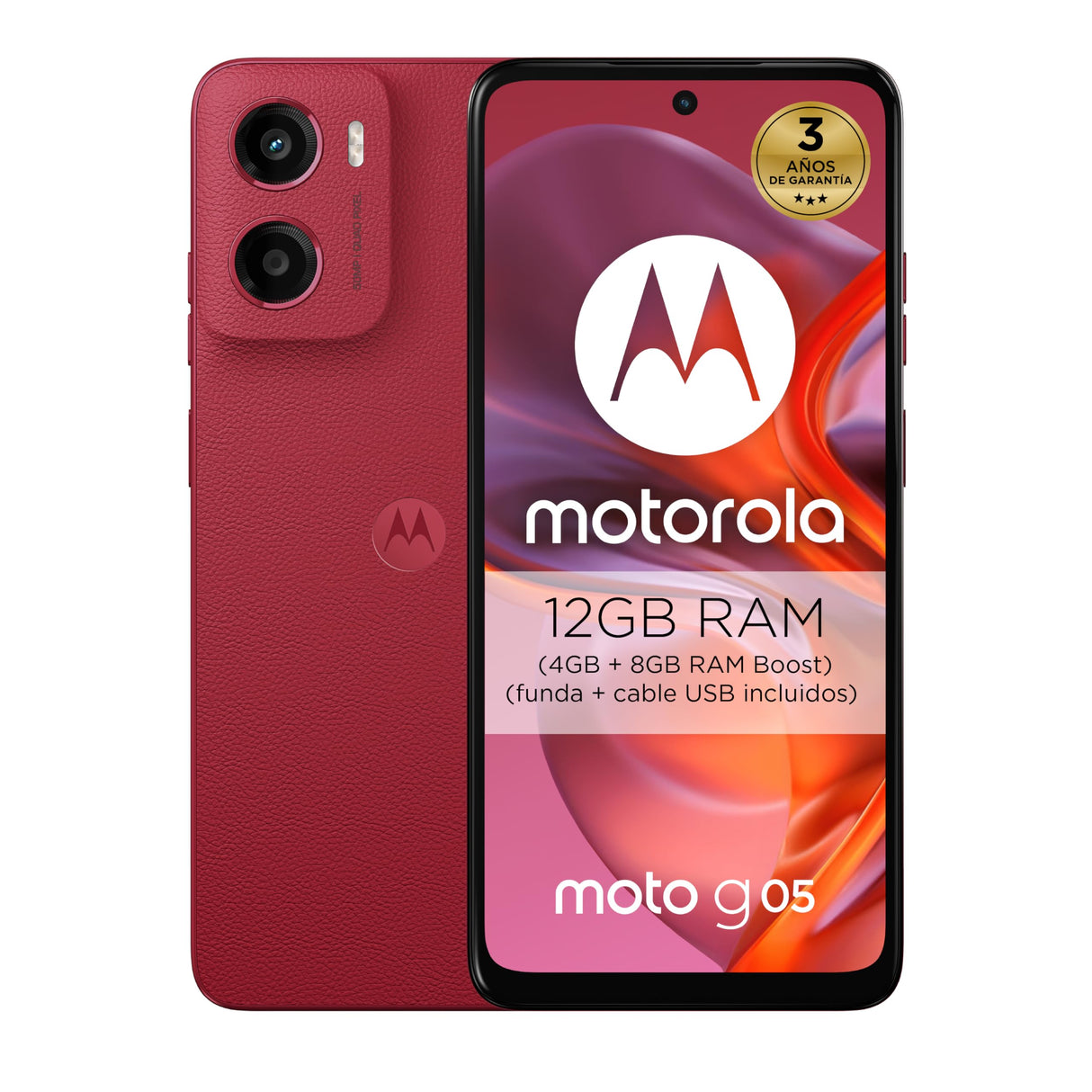Moto g05 12GB (4G+8GB RAM Boost)/256GB Rojo, España, Pantalla superbrillante de 6.67", Sistema de cámaras de 50 MP, Modo Retrato con IA, Textura Soft Luxe, Corning Gorilla Glass 3, batería 5200 mAh,