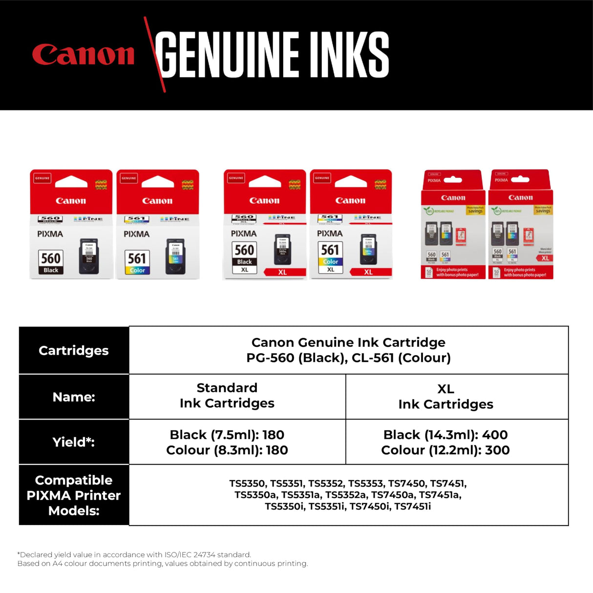 Canon Tinta y Papel Multipack - PG-560XL/CL-561XL Cartuchos de Tinta Genuinos 2 Pack (1 x Negro XL, 1 x Color XL) & Papel Fotográfico 4x6 (50 x Hojas)