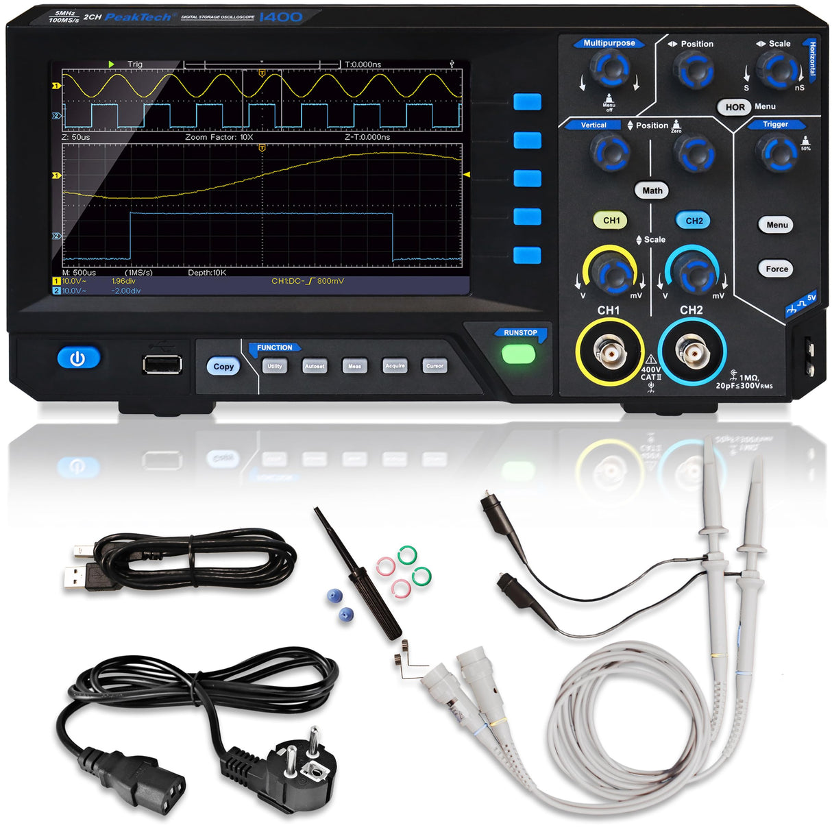 PeakTech, 1400, Osciloscopio digital compacto de 2 canales, Osciloscopio de 5 MHz de ancho de banda, velocidad de muestreo rápida de 100 MS/s, conexión USB, incluye software para PC