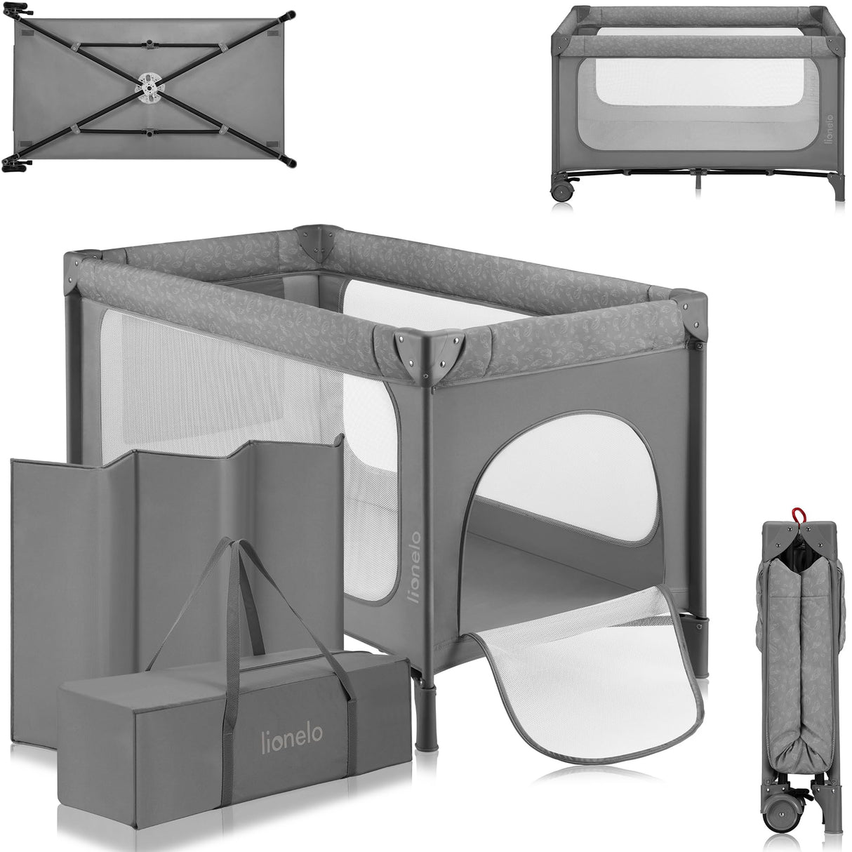 lionelo Jasmin Easy FoldCuna de Viaje para Niños de hasta 15 kg de 0 a 36 Meses Colchón de Espuma T25, 2 Niveles de Altura, Easy Fold, Entrada Lateral, Ruedas (Grey Stone)
