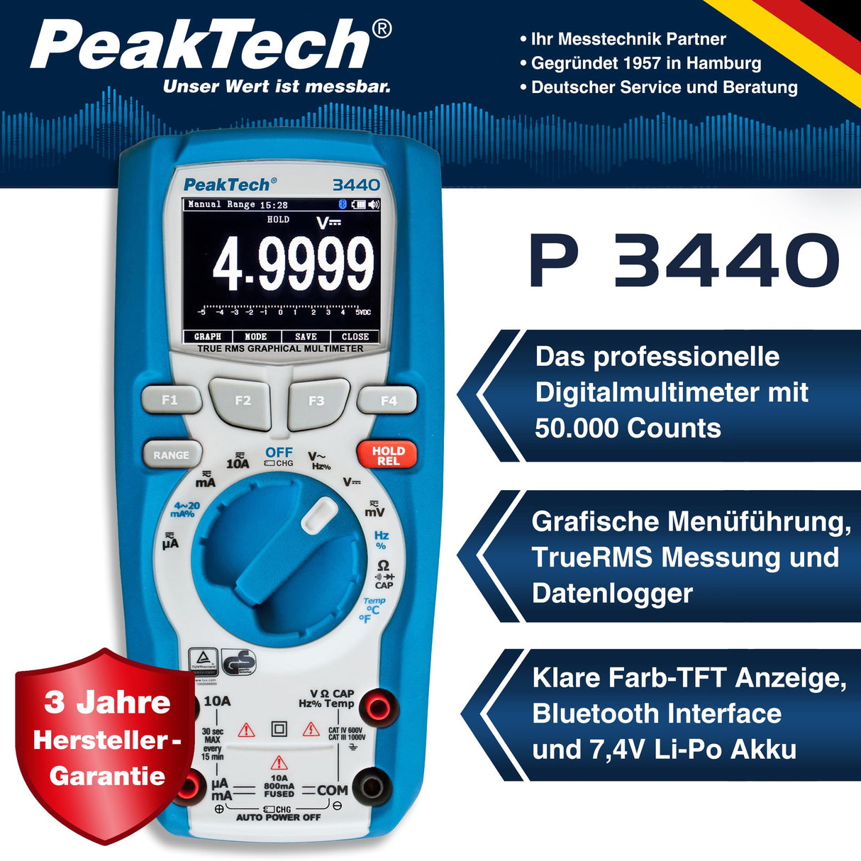 PeakTech 3440 - Multímetro Digital Rms con 4.0 Bluetooth y Pantalla Gráfica, 50000 Cuentas, Portátil Profesional, Tuv / Gs, Rango Automático Medidor de Voltaje, Probador de Continuidad - Cat III 1000V