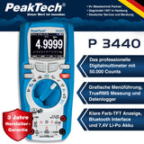 PeakTech 3440 - Multímetro Digital Rms con 4.0 Bluetooth y Pantalla Gráfica, 50000 Cuentas, Portátil Profesional, Tuv / Gs, Rango Automático Medidor de Voltaje, Probador de Continuidad - Cat III 1000V