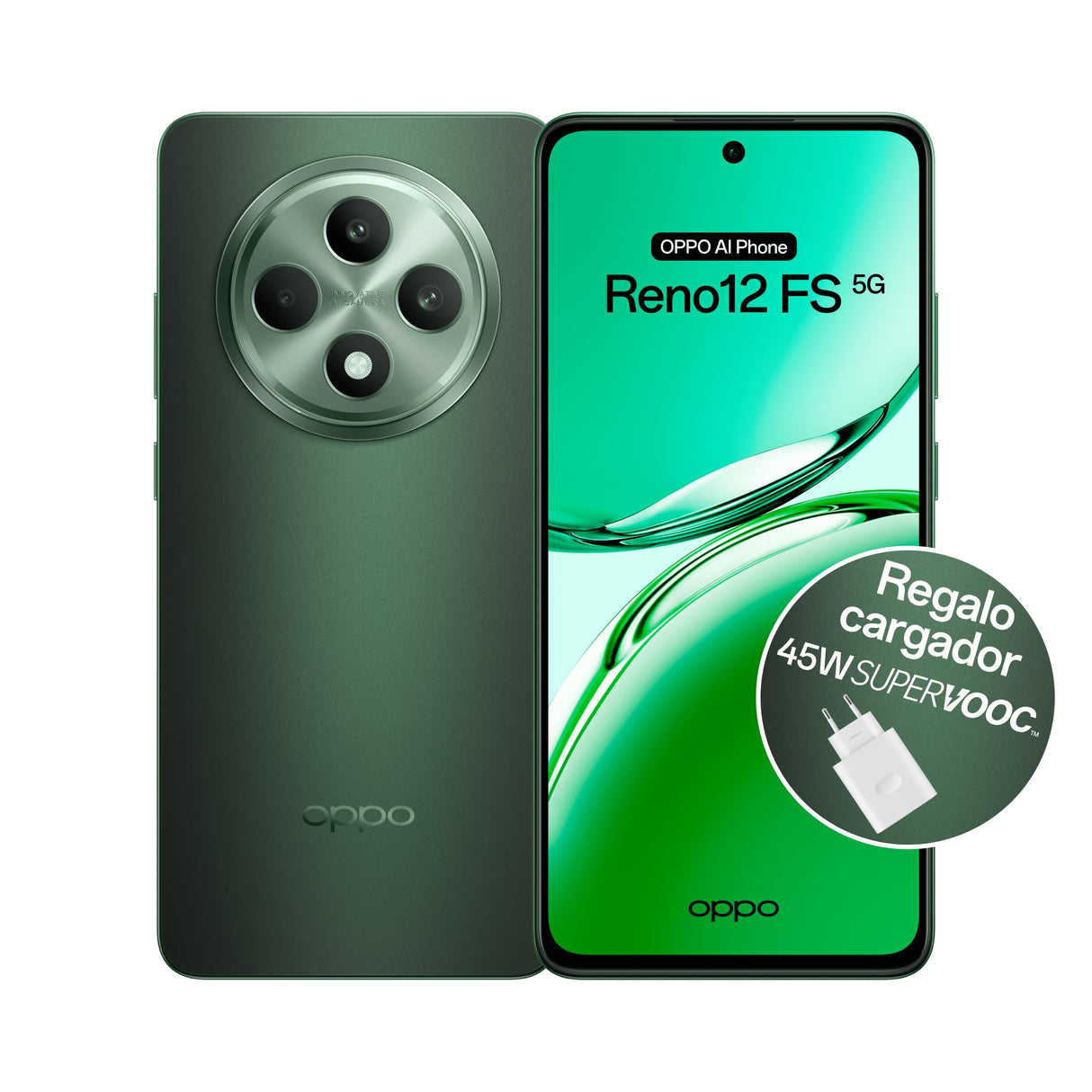 OPPO Reno12FS 5G - Smartphone Libre con IA, 24GB (12GB+12GB) 512GB, Pantalla 2.5D AMOLED 6.7", Cámara 50+8+32 MP, Android, IP64, Batería 5000mAh, Carga Rápida 45W, Cargador Incluido - Black Green