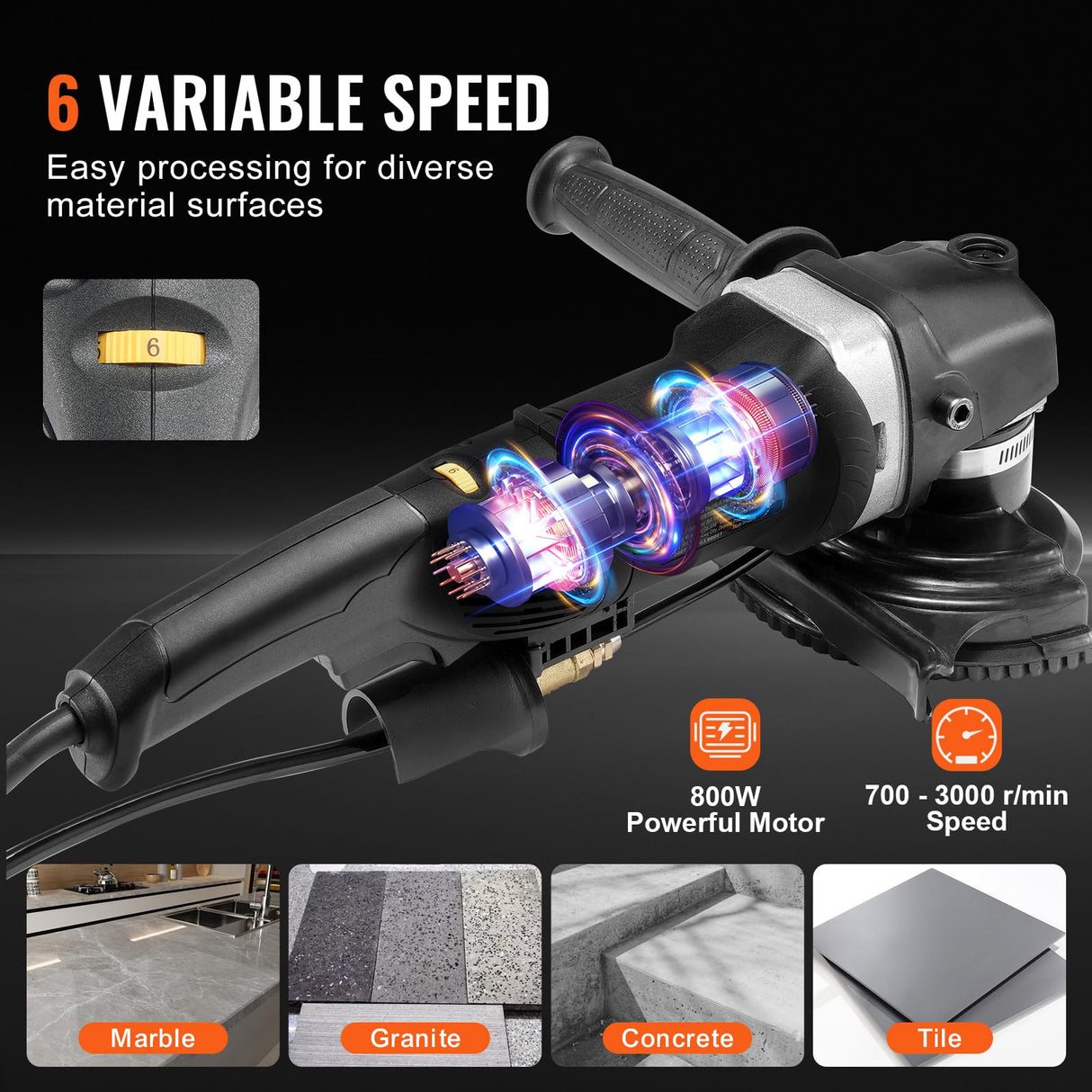 VEVOR Pulidora Húmeda de 800 W con 6 Velocidades Variables y 7 Kits de Pulido, para Mármol, Granito, Piedra, Roca, Baldosas, Equipada con un Interruptor GFCI(700-3000 RPM), 415 x 170 x 220 mm