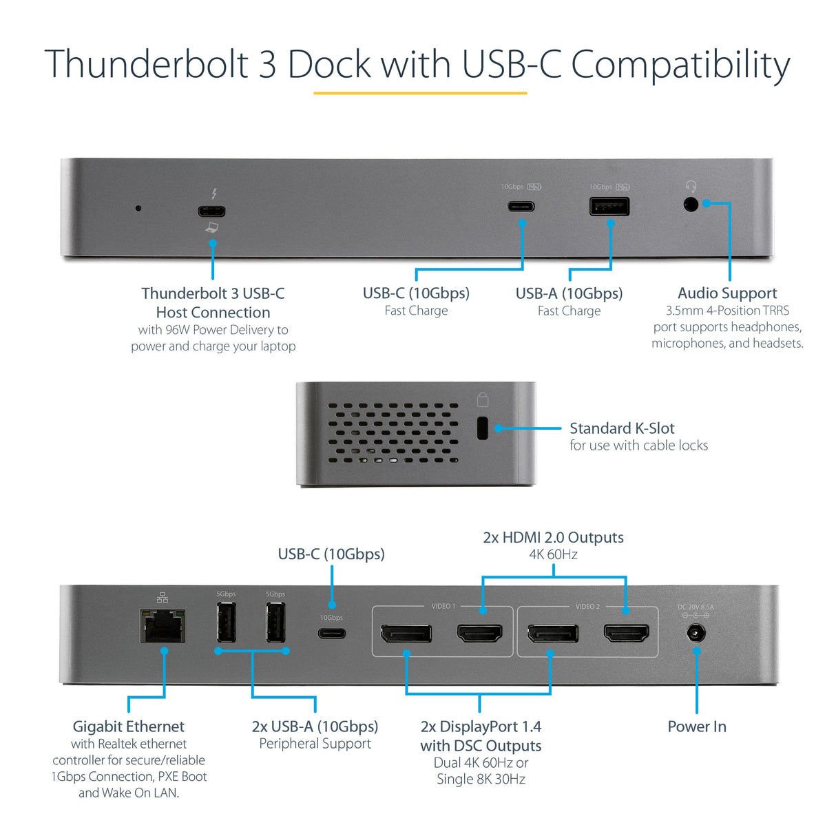 StarTech.com Docking Station Thunderbolt 3 o USB-C - 2x DisplayPort 1.4 4K 60Hz o 2x HDMI - 1x 8K - USB Tipo C - PD 96W (TB3CDK2DHUE)