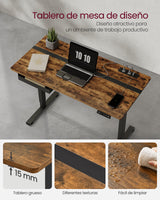 VASAGLE Escritorio Regulable en Altura, Mesa Regulable, Enchufe y Cajón, 60 x 120 cm de Encimera, Ajuste Continuo, 4 Funciones de Memoria de Altura, Marrón Rústico y Negro LSD112X01