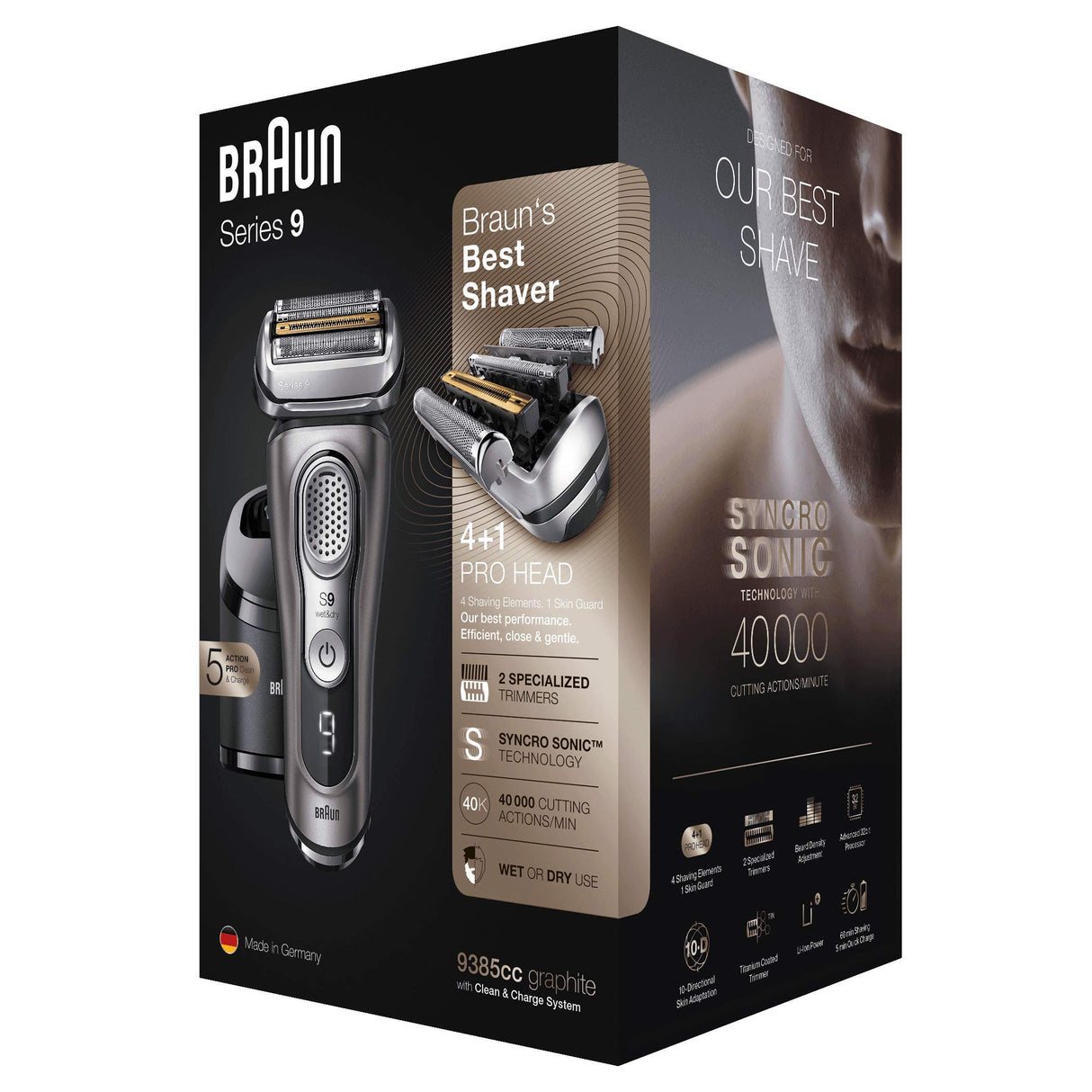Braun Series 9 9385cc Afeitadora Eléctrica Hombre de Última Generación, Afeitadora Barba con Estación Limpieza y Carga Clean&Charge, Funda, Color Grafito