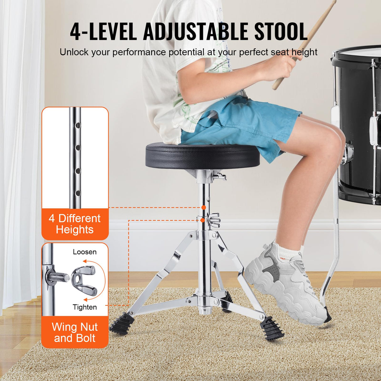 VEVOR Juego de Batería para Niños de Cinco Piezas, Juego Completo de Batería para Niños Principiantes con Bajo, TOMS, Caja, Bombo, Trono Ajustable, Pedal de Charles y Dos Pares de Baquetas, Negro