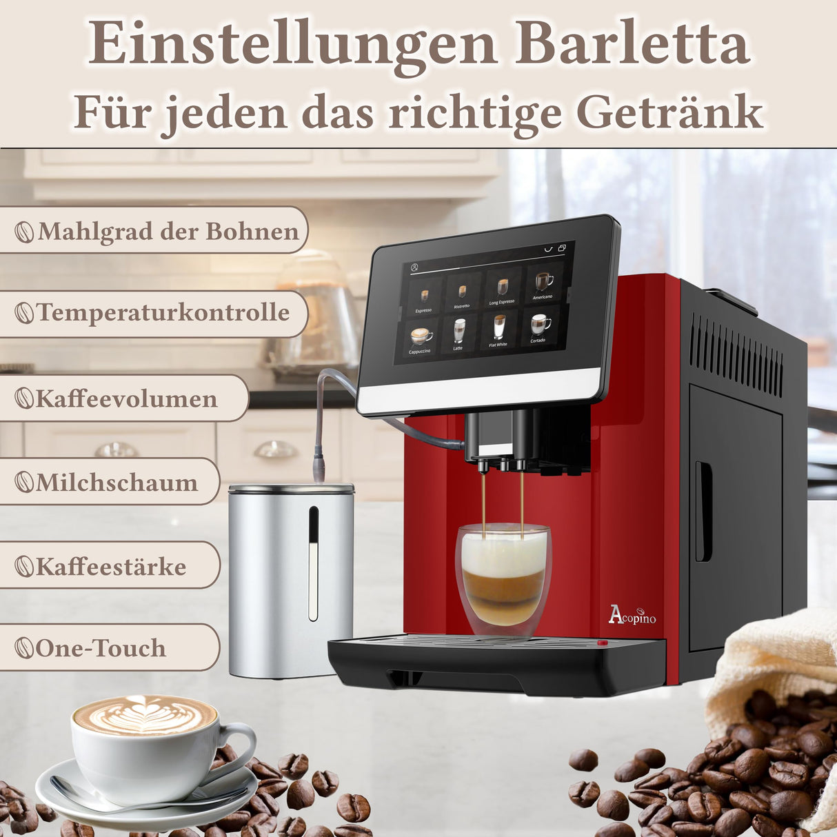 Acopino Cafetera automática Barletta, gran pantalla a color, con sistema de leche para un disfrute perfecto del café (rojo)