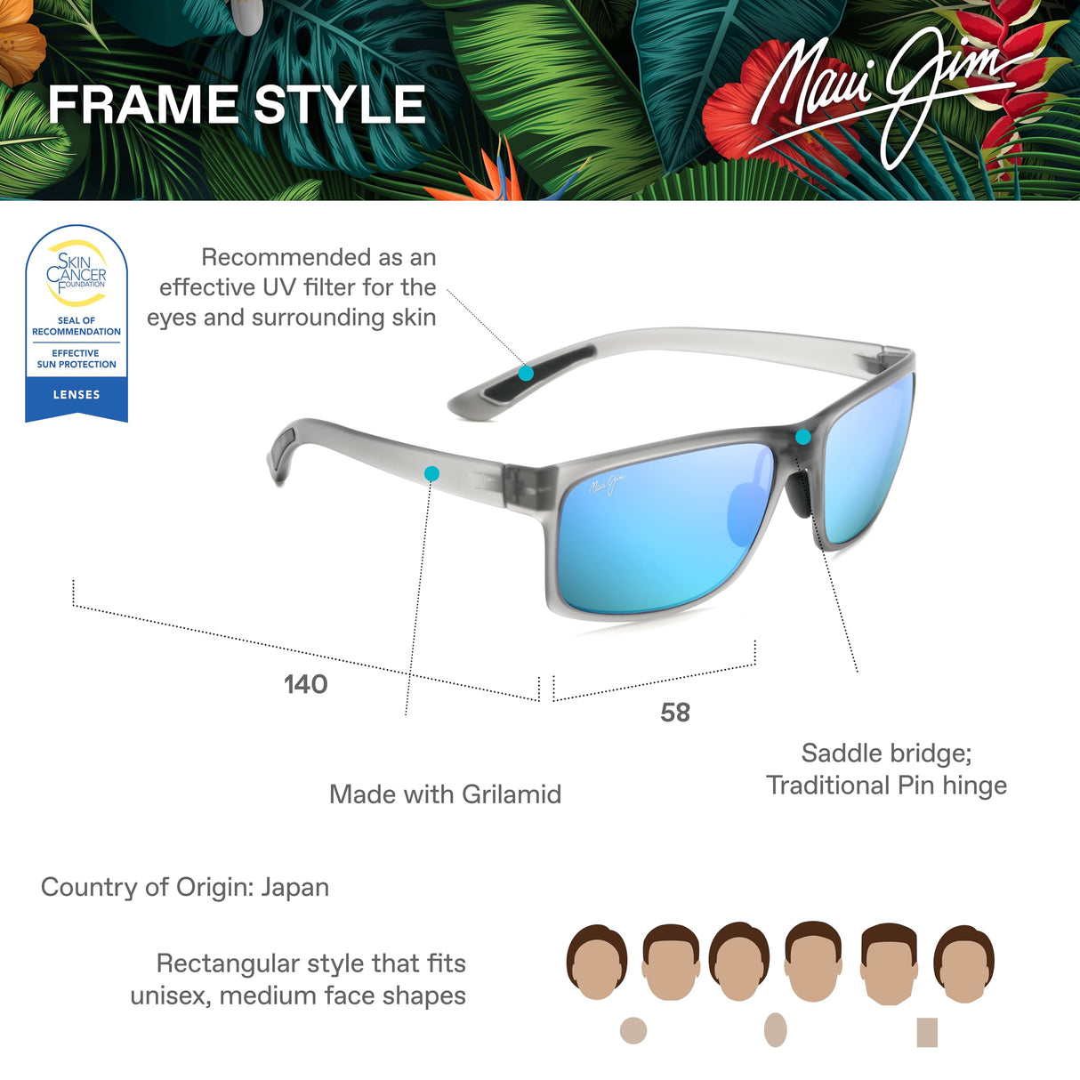 Maui Jim Pokowai Arch Gafas, Translucent Matte Grey, 58-16-140 Unisex Adulto