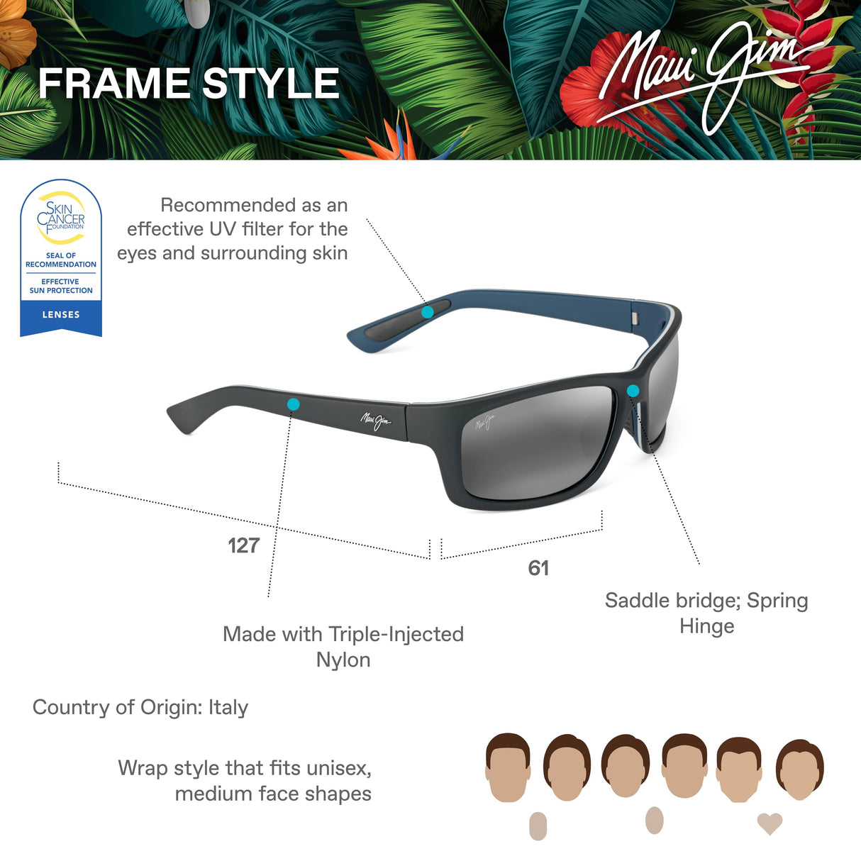 Maui Jim Kanaio Coast Gafas, Matte Soft Black/White/Blue, 61-16-130 Unisex Adulto