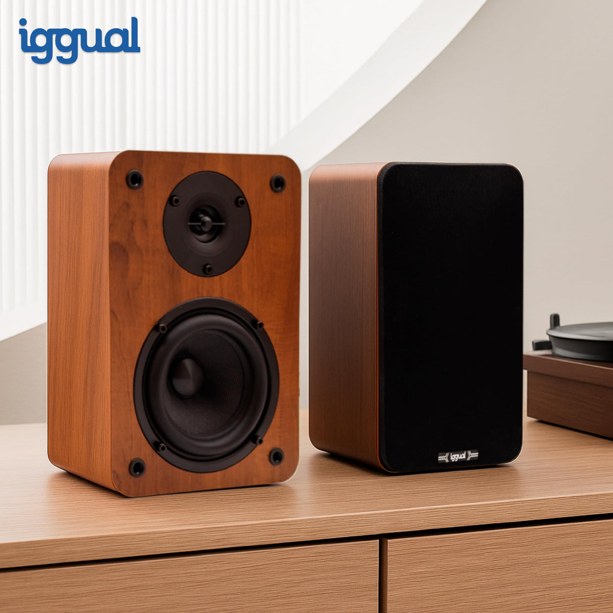 iggual- Altavoces Activos Bluetooth para Ordenador 50W - Altavoz de estantería 2.0. -Home Studio.- Conectividad: Bluetooth 5.3, USB, 2 x RCA (estéreo), HDMI ARC, Óptico Digital Mando a Distancia