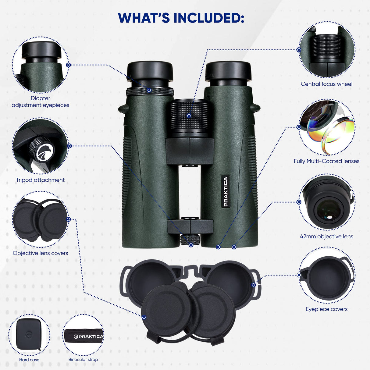 Praktica 8 x 42 mm Resistente al Agua Ambassador Prismáticos con Ed Cristal – Verde