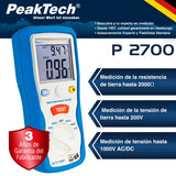 PeakTech 2700 - Probador Digital con Pantalla LCD Doble y 2 Varillas, Resistencia a Tierra, Ac/Dc, Tuv/Gs, Retención de Datos, Desconexión Automática, Puesta a Cero Automática - Cat III 1000 V