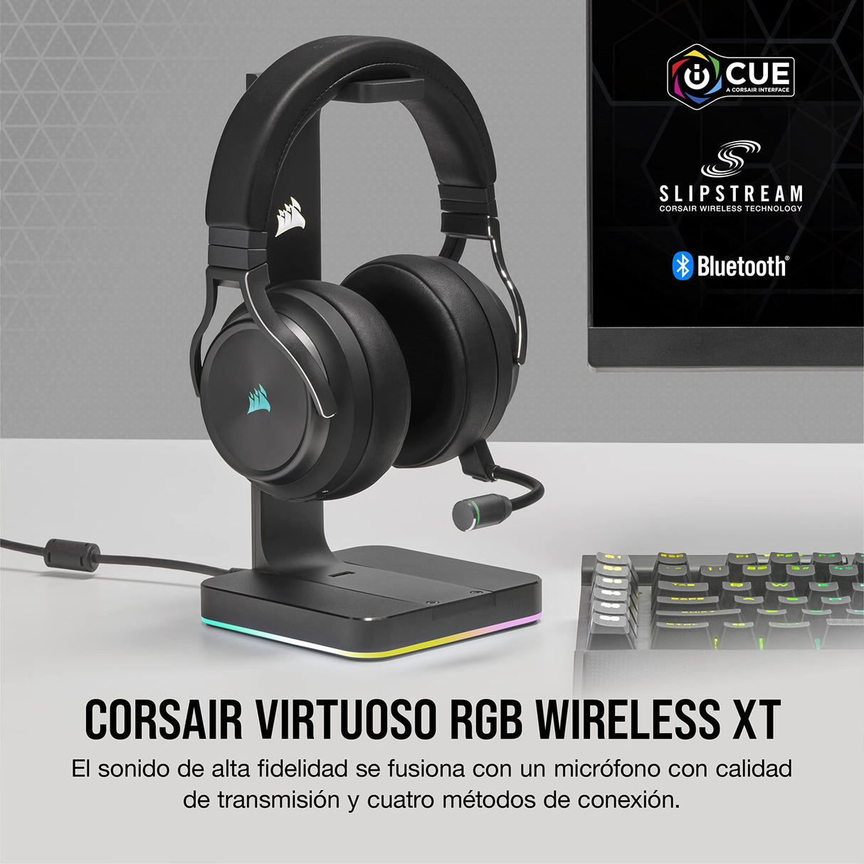 Corsair VIRTUOSO RGB WIRELESS XT Auriculares para Juegos Multiplataforma con Bluetooth - Dolby Atmos - Micrófono Omnidireccional -Compatible iCUE - PC, Mac, PS5, PS4, Nintendo Switch, Móvil - Pizarra