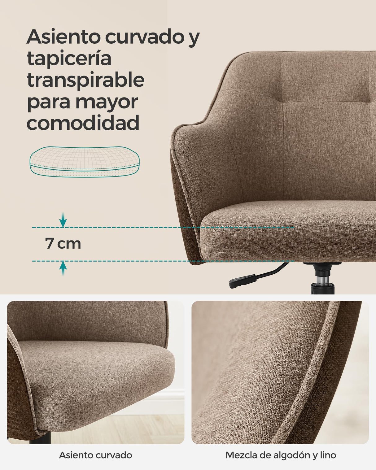 SONGMICS Silla de Estudio, Silla Giratoria, Altura Ajustable, Carga de 110 kg, Marco de Acero, Tela de Algodón-Lino Transpirable, para Estudio, Dormitorio, Marrón OBG019K01