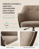SONGMICS Silla de Estudio, Silla Giratoria, Altura Ajustable, Carga de 110 kg, Marco de Acero, Tela de Algodón-Lino Transpirable, para Estudio, Dormitorio, Marrón OBG019K01