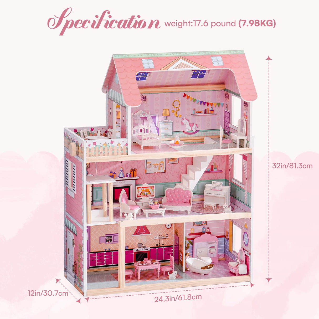 ROBUD Casa de muñecas de Madera para niños, casa de muñecas Regalo para niñas y niños de 3, 4, 5, 6 años