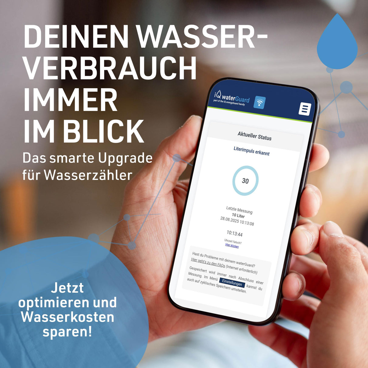 iQ water Guard – Detector de Agua Inteligente con función de Alarma de Agua 92dB & WiFi – Water Guard – Monitor de Agua para Smartphone – Contador de Consumo de Agua WiFi, monitoreo del Consumo de