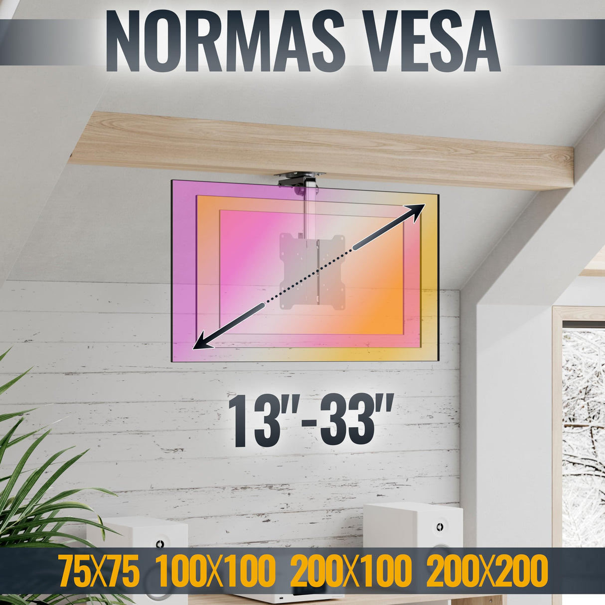 RICOO Soporte TV Techo Giratorio Plegable Televisión 13-33" (33-84cm) D0122 Brazo Universal Televisor LED/LCD/Curvo VESA 75x75-200x200 Negro