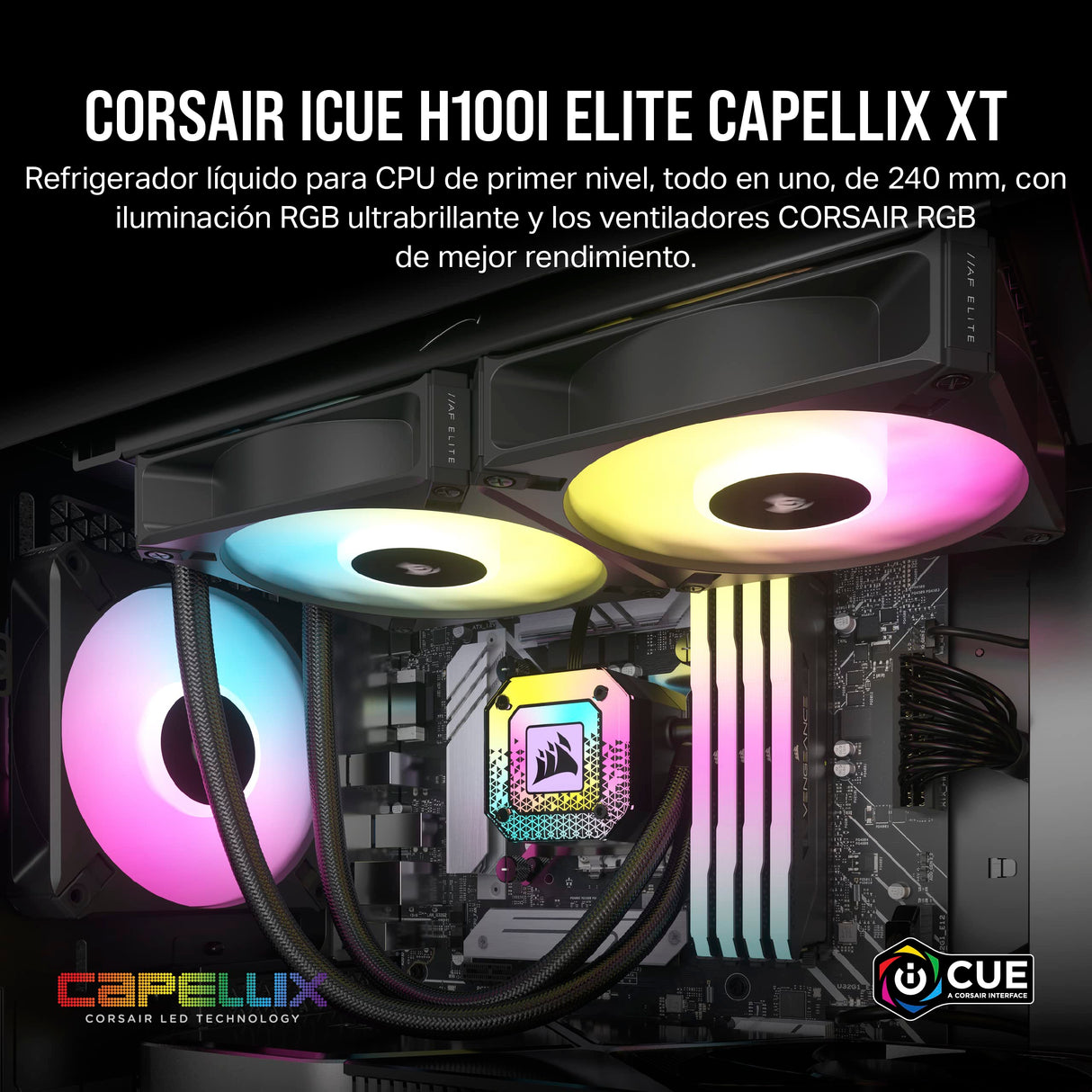 Corsair iCUE H100i RGB ELITE Refrigeración líquida de CPU (16 LED RGB dinámicos, Ventiladores AF ELITE Series FDB de 120 mm, Radiador de 240 mm, Zócalos LGA 1700, 1200, 115X, 2066 y AM4) Negro