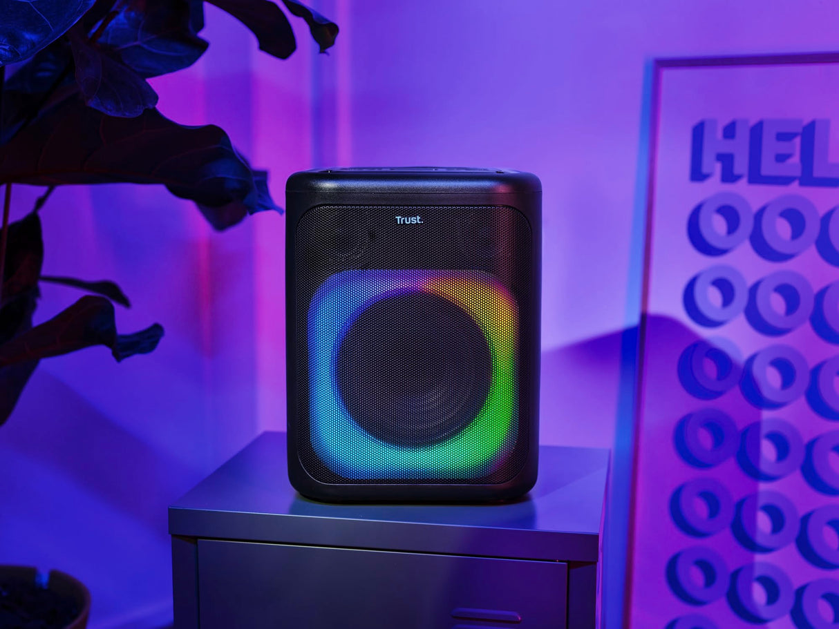 Trust Azura Altavoz Bluetooth Potente 100W para Fiestas, Altavoz Portátil Inalámbrico Luz LED RGB Intemperie IPX4, Altavoces Bluetooth Batería Recargable 11H, 2 Entradas de Micrófono Karaoke